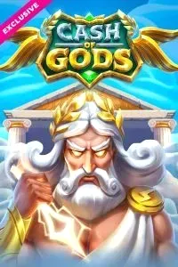 Zeus with lightning in front of temple in Cash of Gods exclusive slot